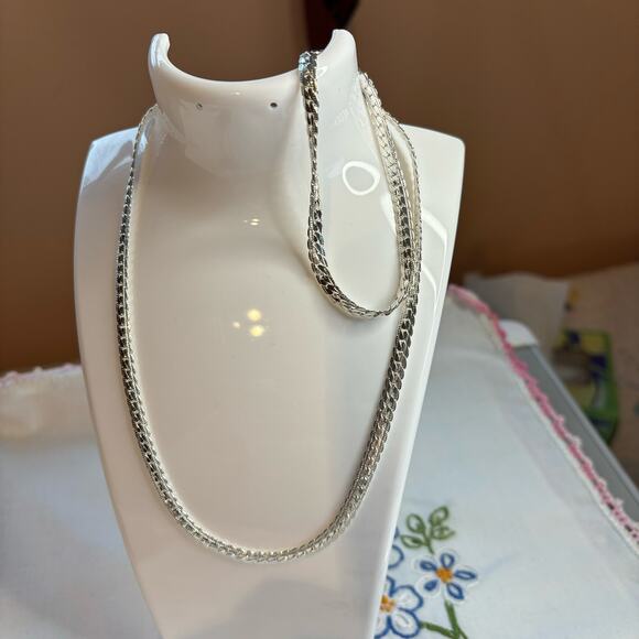 925 Sterling Silver Flat Link Chain Necklace & Bracelet Set - Picture 9 of 9